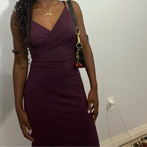 Le Chateau Ruched V-Neck Midi Dress in Red